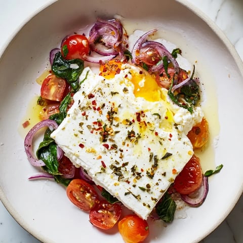 Creamy baked feta eggs with vibrant tomatoes, served with fresh herbs for a flavorful breakfast.