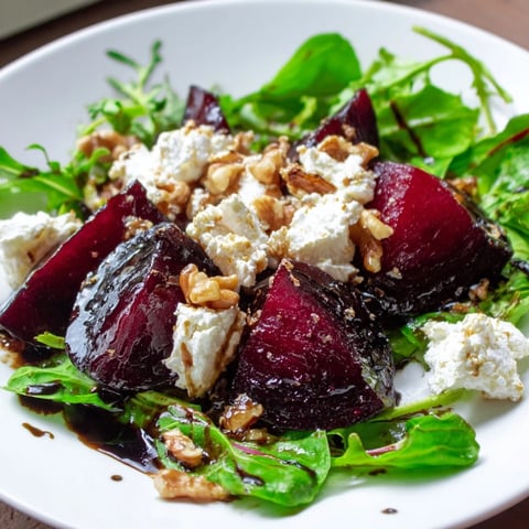 Vibrant beet and goat cheese salad with roasted beets and creamy crumbled goat cheese.