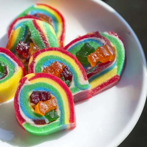 Rainbow Candy Roll Ups: Chewy fruit roll-ups showcase colorful gummy candies forming delightful pinwheel treats.