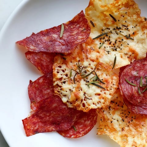 Crispy charcuterie chips, a perfect party appetizer with savory cured meats and melted cheese.