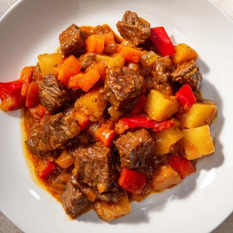 Steaming bowl of Hungarian Goulash stew, featuring tender beef and vibrant vegetables in rich broth.