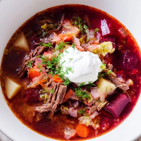 A steaming bowl of Ukrainian borscht soup, garnished with sour cream and fresh herbs, ready to savor.