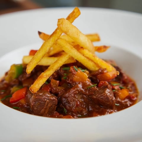 Tender beef and rich paprika Czech Goulash Potato, served with crispy fried potato strips.