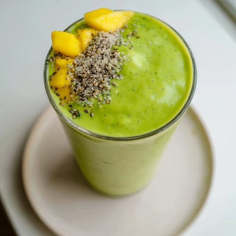 Spinach-Hidden Smoothie, a bright green drink topped with a sprig of fresh mint, perfect for breakfast.