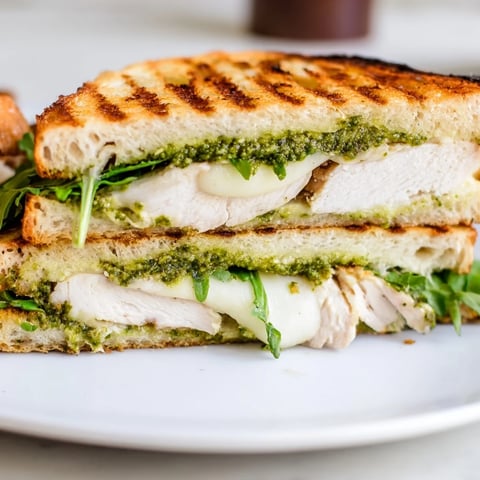 Golden-brown Ciabatta bread holding melted mozzarella and tender grilled chicken, spread with vibrant green basil pesto.