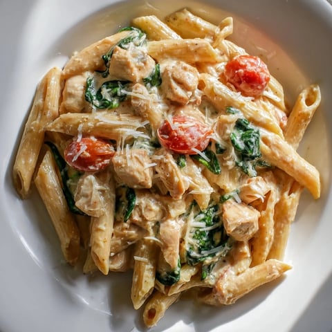 Creamy Greek Yogurt Chicken Pasta features tender chicken pieces and al dente penne tossed in a luscious, herb-infused yogurt sauce with spinach and cherry tomatoes.  