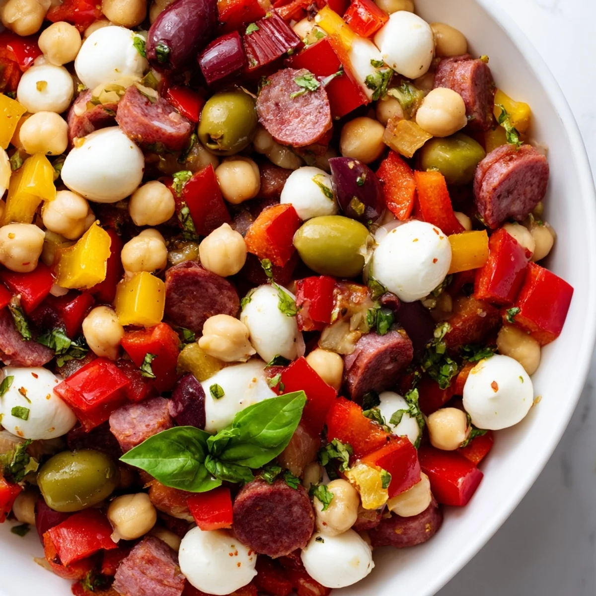 A vibrant bowl of Crunchy Antipasto Chopped Salad with chickpeas, salami, and mozzarella in zesty dressing.  