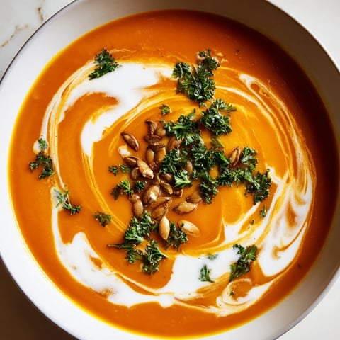 Golden-orange Butternut Squash Soup fills a rustic white bowl, garnished with toasted pumpkin seeds and a swirl of cream.