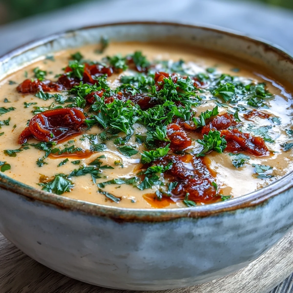 Creamy white bean soup with tomato garnished with fresh parsley, a perfect hearty lunch option.