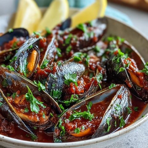 Steamed Smoky Mussels Pomodoro in a rich tomato and smoked paprika sauce, served with lemon wedges.