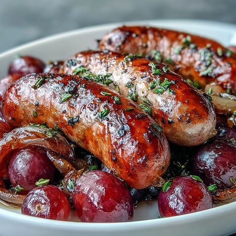 Golden-brown Italian sausages roasted with caramelized red grapes and onions, seasoned with fresh rosemary for a savory-sweet main dish.