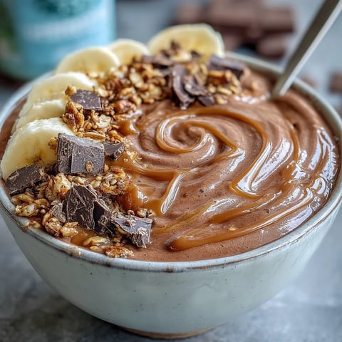 Thick and creamy chocolate peanut butter smoothie bowl topped with banana slices, chopped dark chocolate, and crunchy granola.