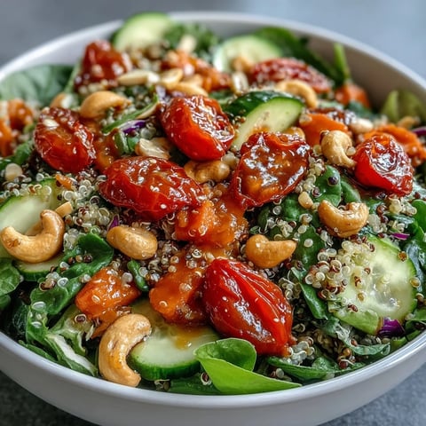 Vibrant Rainbow Salad Bowl with crisp vegetables, quinoa, and lemon dressing glistening in sunlight.