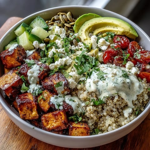 A vibrant Customizable Grain Bowl features avocado and cherry tomatoes, drizzled with lemon-tahini dressing on fluffy quinoa.