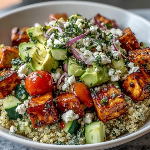 A vibrant Simple Grain Bowl with quinoa, chickpeas, fresh avocado, cherry tomatoes, and cucumber, drizzled with lemon dressing.