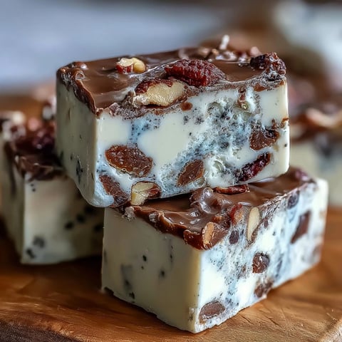 Glossy Hojicha Nougat pieces studded with chopped almonds and pistachios on a marble surface.