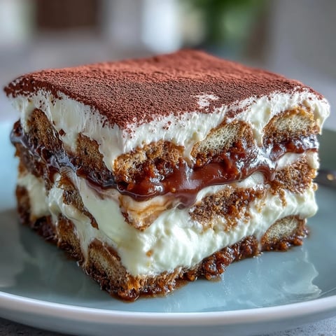 Freshly baked Hojicha Tiramisu dusted with cocoa powder, showing creamy mascarpone layers and soaked ladyfingers in a rustic dish.