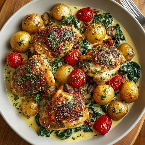 Juicy One-Pan Creamy Garlic Parmesan Chicken nestled in rich sauce, perfect for easy weeknight dinners.