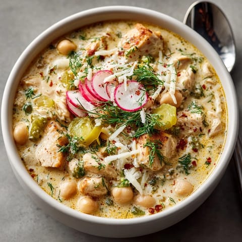 Savory, gluten-free One-Pot Pickle-Fix White Chicken Chili; imagine the chicken and pickle aromas.