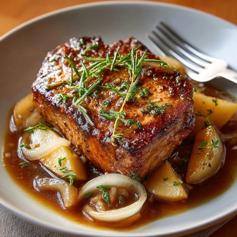 A close-up of the juicy Rebel Float apple cider braised pork chops, glistening with savory sauce and herbs.