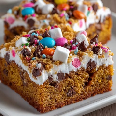 Warm, inviting image of baked Silly Cake Gingerbread House Collapse Bars studded with colorful candies.
