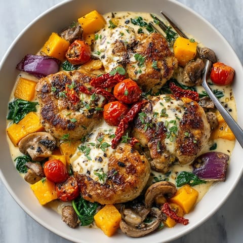 Succulent One-Pot Creamy Tuscan Chicken, covered in a rich, creamy sauce, perfect for fall.