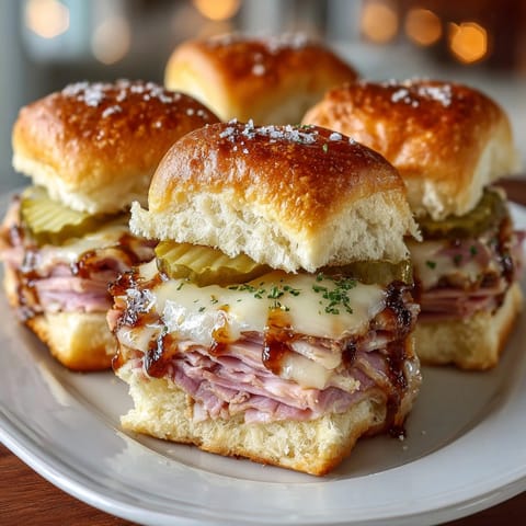 Close-up: Melted cheese dripping over savory Rebel Float Root Beer Glazed Ham Sliders served on buns.