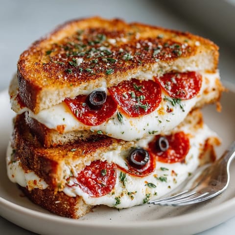 Golden, crisp Pizza Grilled Cheese Sandwiches with delicious melted cheese and a perfect, browned crust.