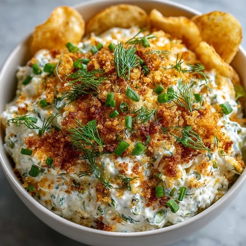Close-up of Fried Pickle Dip, a flavorful appetizer with pickles, herbs, and crispy chips for scooping.