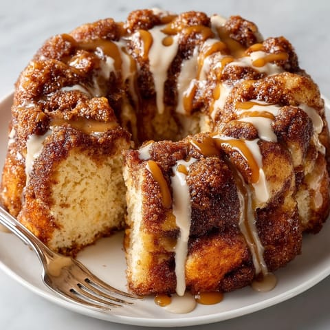 A close-up of gooey, baked fresh Cinnamon Roll Monkey Bread, topped with a creamy glaze and ready to eat.