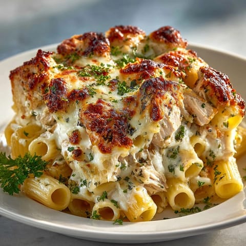 Hearty Creamy Chicken Alfredo Pasta Bake served family-style, garnished with fresh parsley and melty mozzarella.