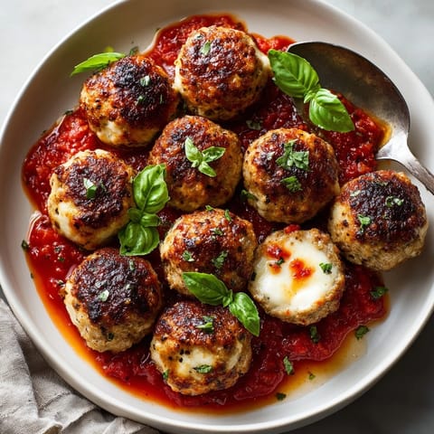 Golden-brown Stuffed Cheese Turkey Meatballs served over marinara sauce with fresh basil garnish.