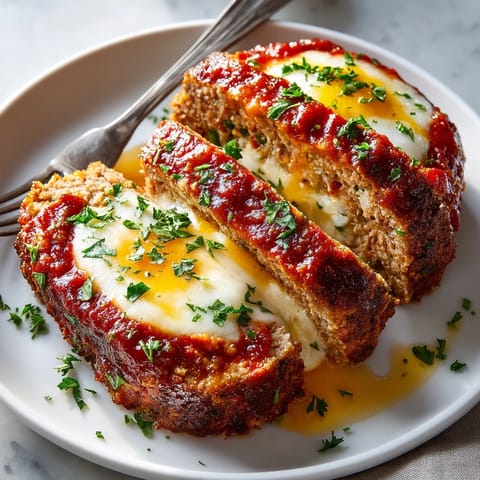 Freshly baked stuffed cheese chicken meatloaf, topped with tomato sauce, resting on a rustic board.