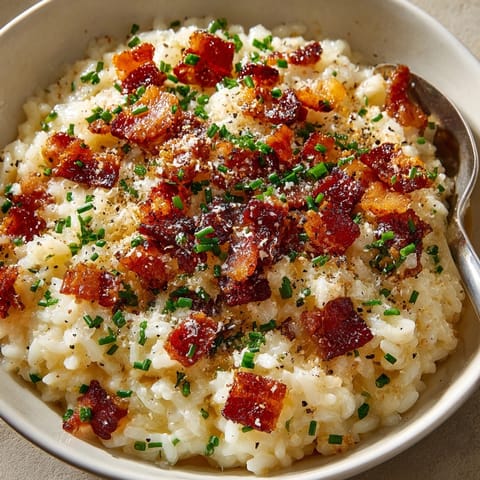 Close-up of Caramelized Onion, Bacon, and Parmesan Risotto garnished with fresh chives for a cozy dinner.