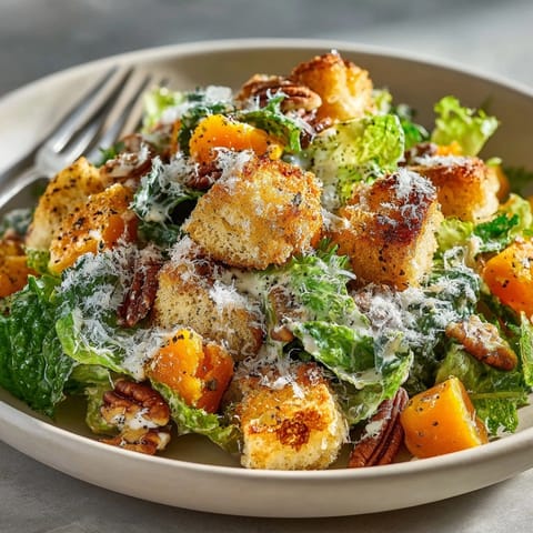 Creamy Autumn Caesar Salad featuring roasted butternut squash, crunchy croutons, and salty Parmesan.