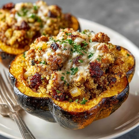 Close-up of Chicken Apple Sausage Stuffed Acorn Squash revealing the delicious, hearty filling.