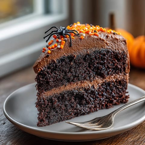 A slice of moist Black Magic Chocolate Cake, garnished with Halloween sprinkles.