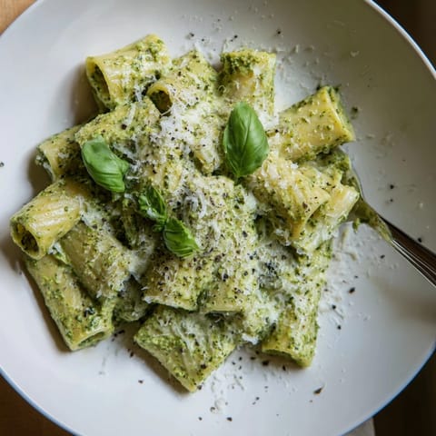 Close-up of Ricotta Spinach Pesto Pasta; a vibrant, comforting vegetarian Italian main dish.