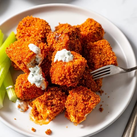 Zesty Spicy Pretzel Crusted Buffalo Bites drizzled in rich buffalo sauce.  