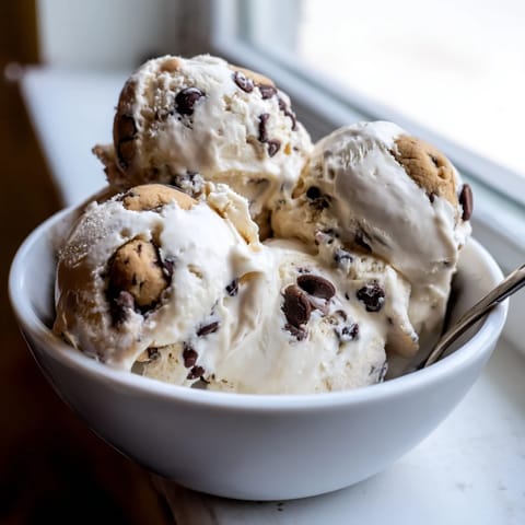 Indulge in this refreshing cottage cheese ice cream topped with edible cookie dough chunks.  