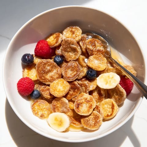 Fluffy mini pancakes served in a bowl, drizzled with honey and milk.  