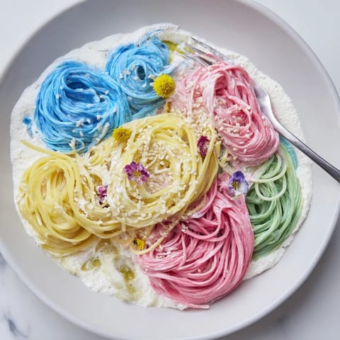 Whimsical Neon Noodle Cloud features vibrant noodles coated in thick, dreamy sauce.  
