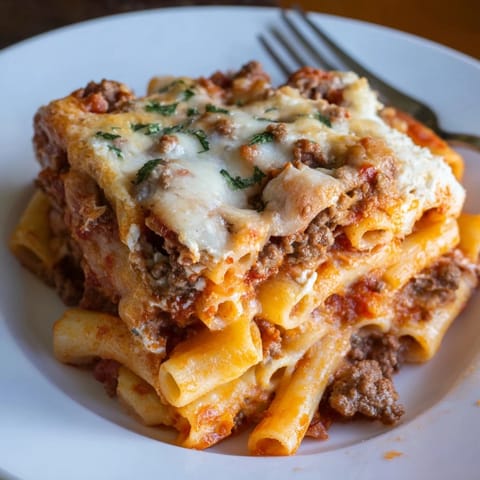 Close-up of Baked Ziti with Meat Sauce, showcasing rich layers of cheese and savory meat.  