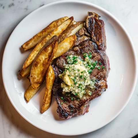 Golden, crispy fries alongside a grilled Steakhouse Garlic Butter Steak, ready for a satisfying, delicious meal.