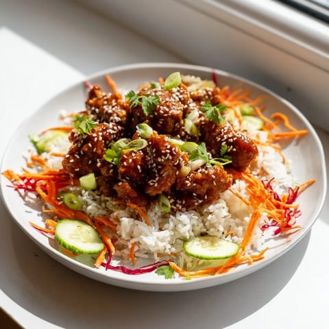 Tender, glazed Sriracha Honey Chicken Rice Bowl, served with fluffy rice and crunchy, fresh vegetables.