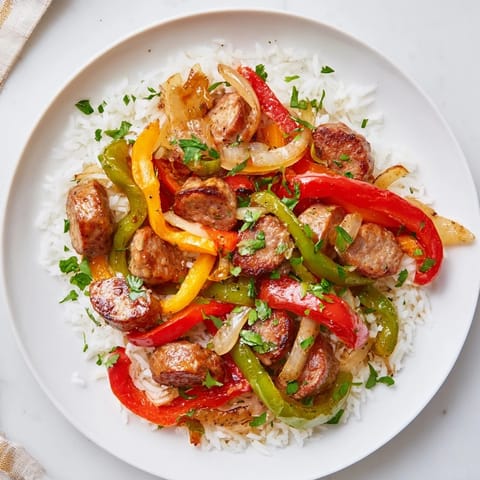 A steaming plate of Italian Sausage & Peppers Rice Plate, bursting with vibrant peppers and herbs.