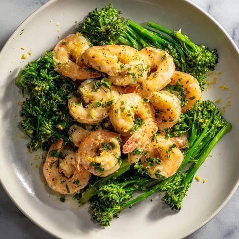 A close-up of buttery lemon butter shrimp & broccoli, perfectly cooked with a hint of garlic and parsley.