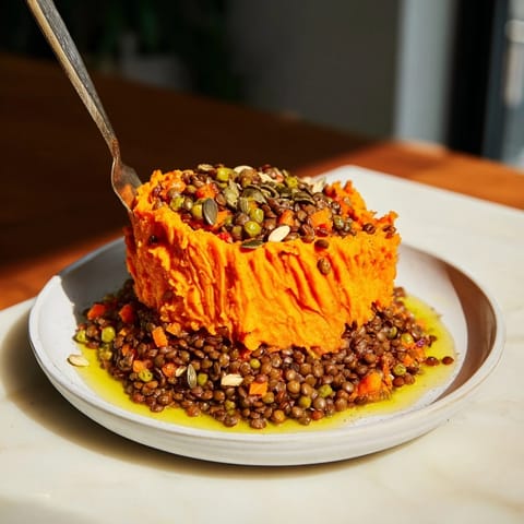 Hearty veggie shepherds pie with lentils: a comforting bowl of delicious, plant-based goodness.