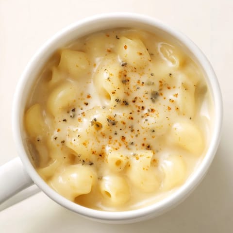 Close-up of bubbling mug mac & cheese, showcasing melted cheese, perfect for a fast, vegetarian lunch.