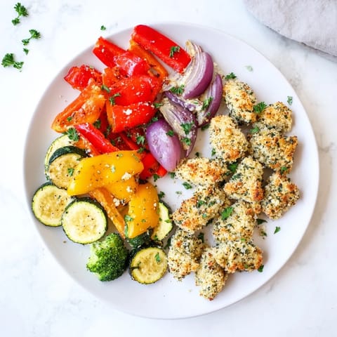 Crispy Garlic Parmesan Chicken Bites sheet pan meal with colorful bell peppers and broccoli, a delicious dinner.